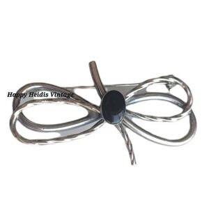 Vintage Twisted Silver Tone Dark Onyx Bow‎ Pin Brooch